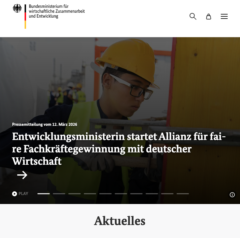 Screenshot der Website des Bundesministeriums für wirtschaftliche Zusammenarbeit und Entwicklung